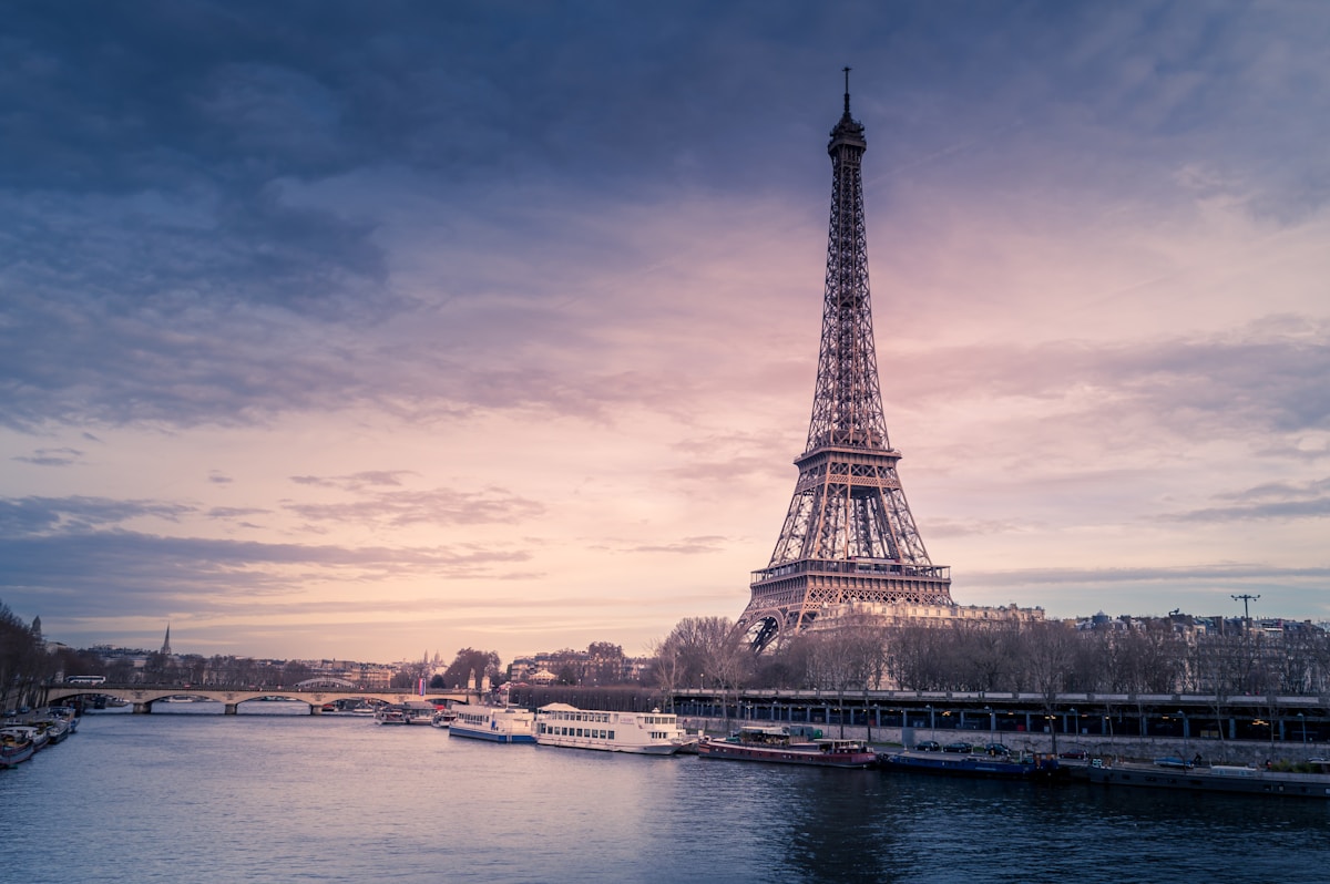 The Eiffel Tower above the Seine in Paris, France